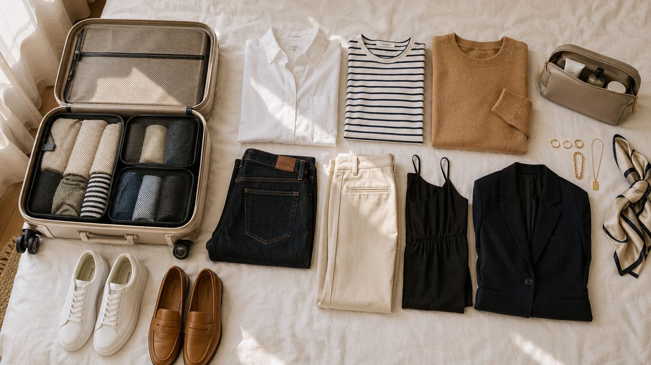 Mala aberta com roupa e acessórios organizados, incluindo camisolas, calças, sapatos e produtos de higiene.