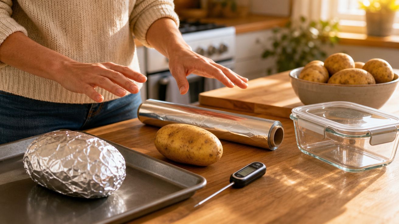 Pessoa a preparar batata para assar com película aderente e termómetro numa cozinha iluminada.