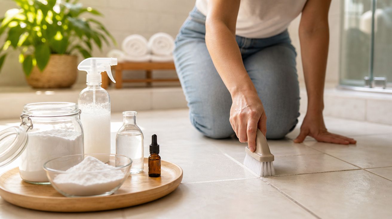 Pessoa limpa juntas de azulejos no chão com escova e produtos naturais numa casa iluminada.