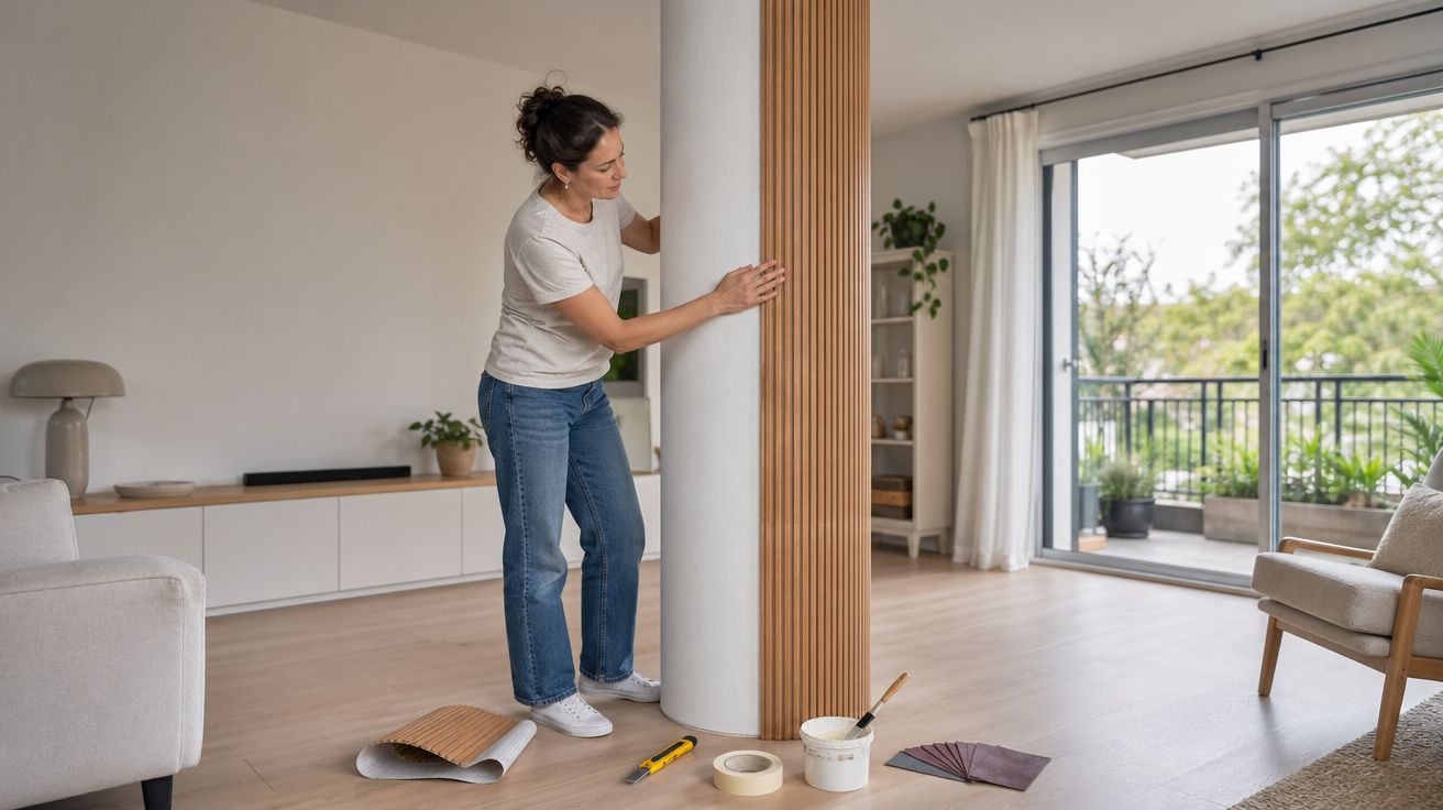 Mulher a aplicar decoração em madeira numa coluna branca numa sala moderna com varanda e móveis claros.
