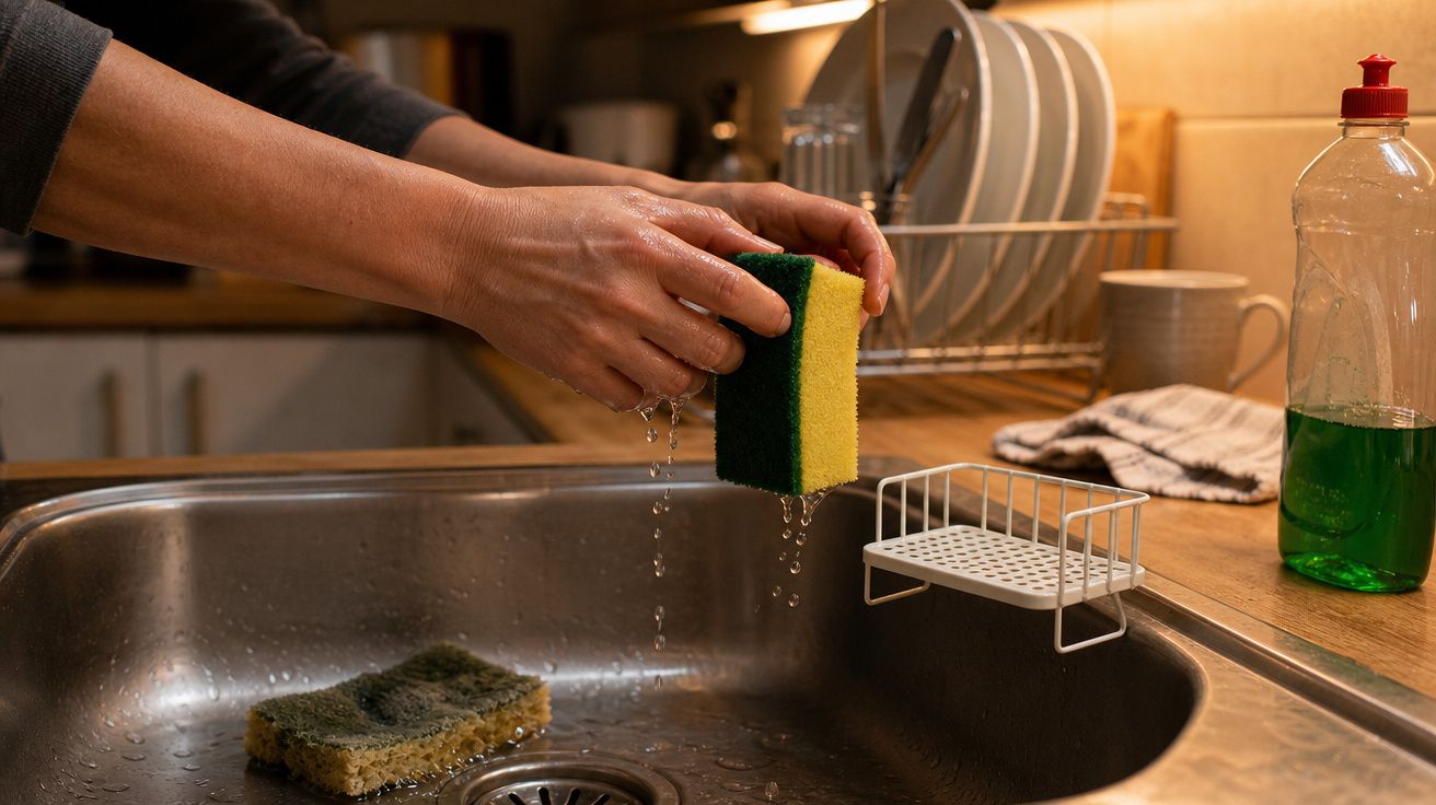 Mãos a escorrer uma esponja após lavar louça em lava-loiça de cozinha com detergente verde.