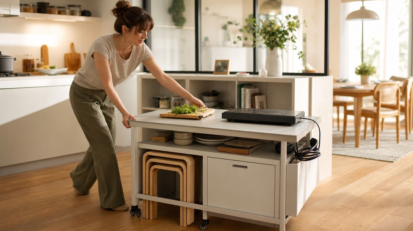 Mulher em cozinha moderna a mover carrinho com ervas frescas e placa de indução portátil.