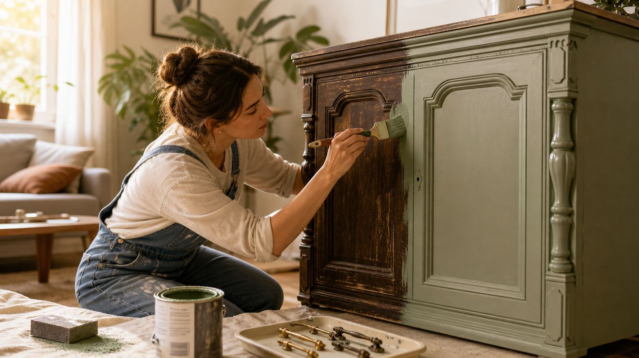 Mulher a pintar um móvel antigo de castanho para verde num ambiente acolhedor e iluminado.