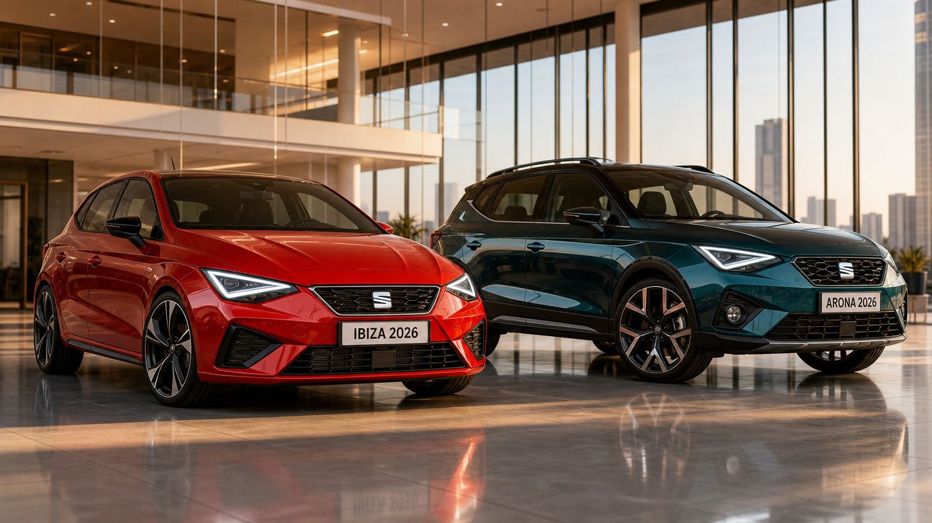 Dois carros SEAT 2026, modelo Ibiza vermelho à esquerda e Arona azul escuro à direita, em showroom moderno.