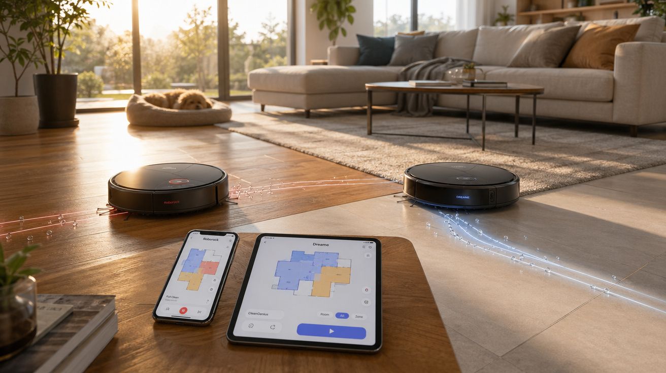 Dois aspiradores robóticos a limpar chão de madeira e cerâmica numa sala moderna, controlados por tablet e smartphone.