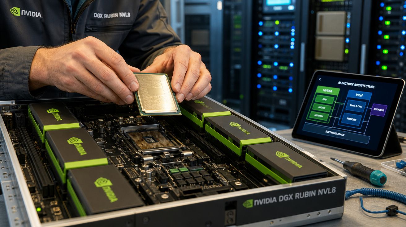 Mãos a instalar um processador numa estação de trabalho Nvidia DGX Rubin NVL8 numa sala de servidores.
