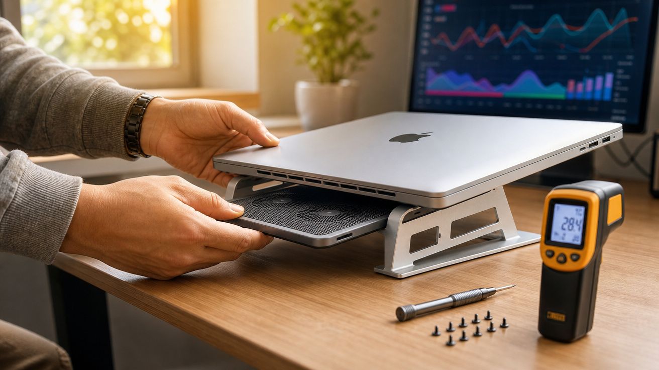 Mãos a instalar ventilador de refrigeração numa base de suporte para portátil MacBook num escritório.