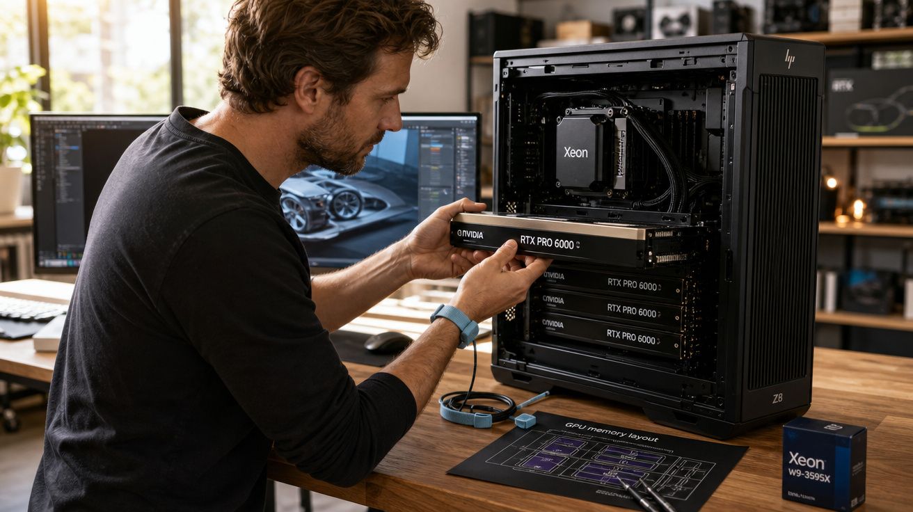 Homem instala placa gráfica Nvidia RTX Pro 6000 numa workstation HP Z8 com processador Xeon numa mesa de escritório.