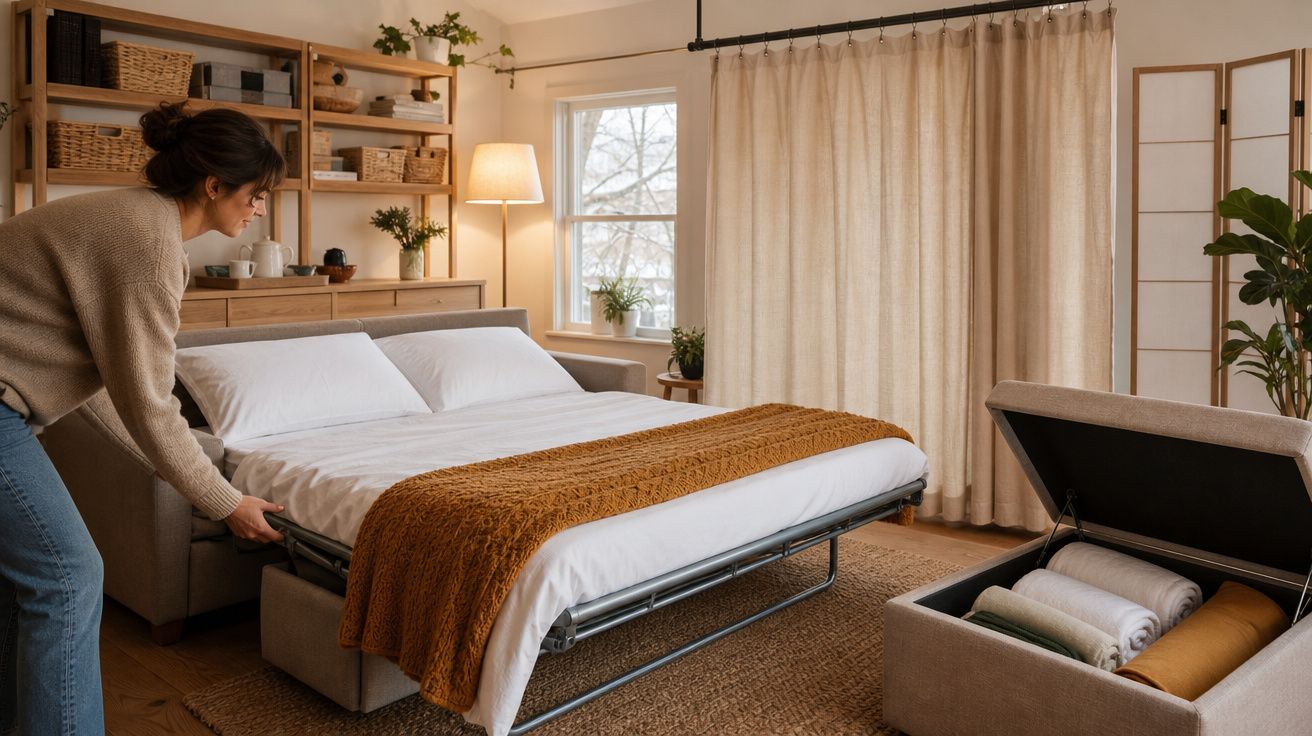 Mulher a abrir sofá-cama numa sala acolhedora com decoração neutra e janelas com cortinas claras.