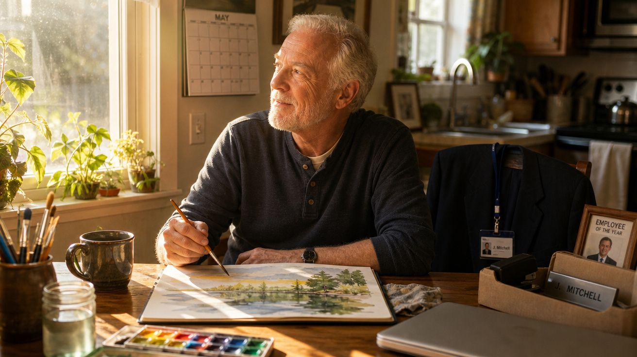Homem idoso pinta uma paisagem em aquarela junto a uma janela iluminada numa cozinha acolhedora.