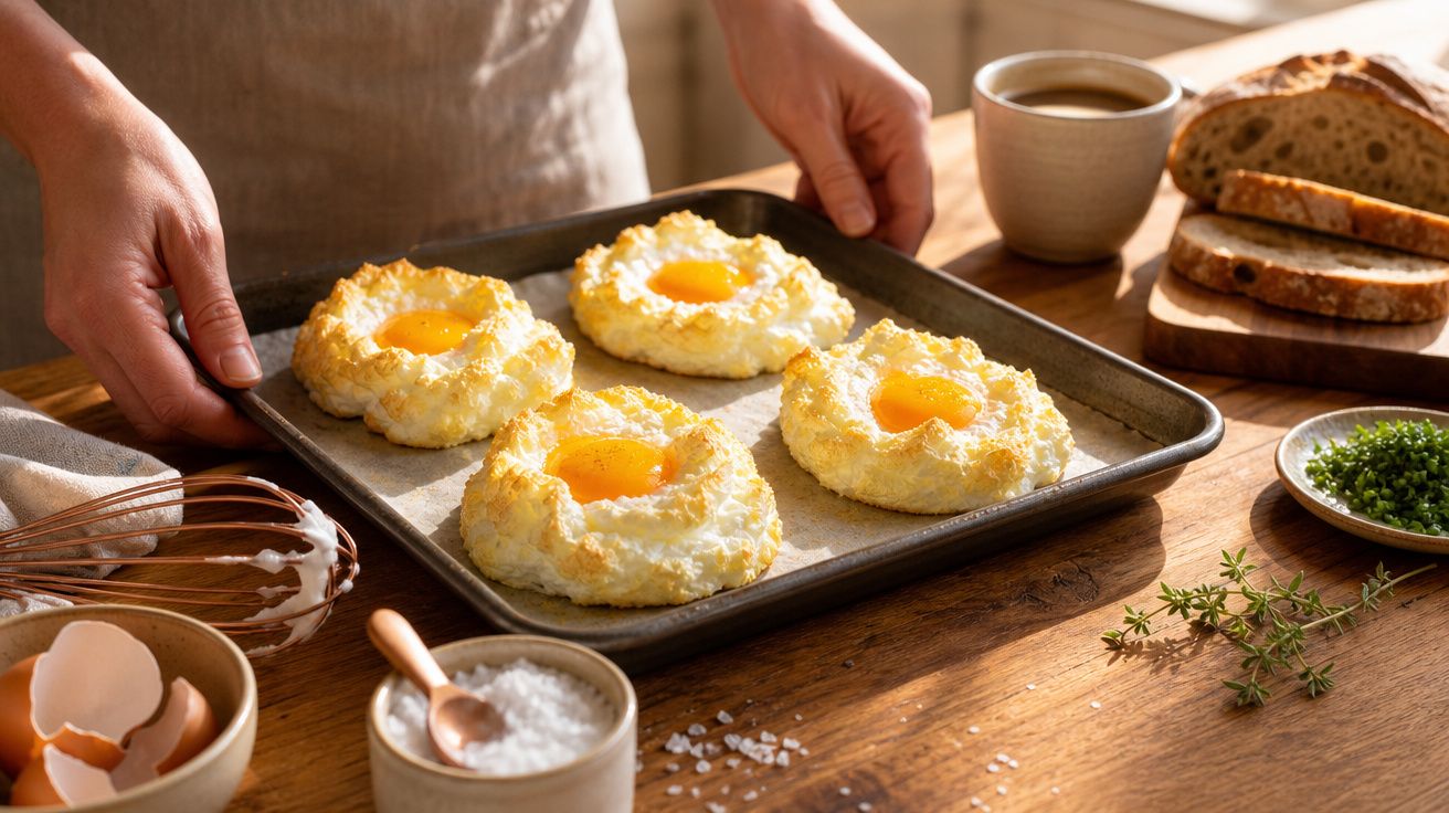Mãos a segurar tabuleiro com ovos Nuvem ainda quentes sobre a mesa de cozinha com pão e ervas.