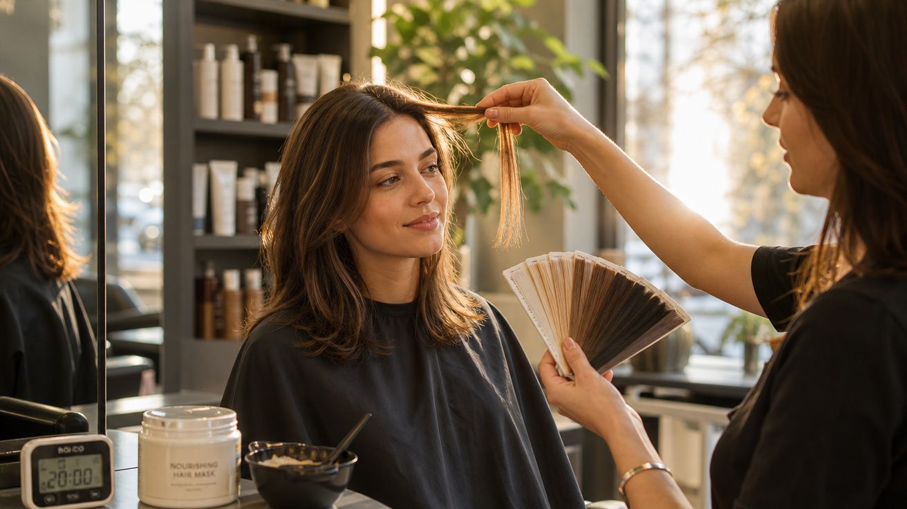 Mulher sentada no salão a escolher cor de cabelo com o cabeleireiro, com amostras de tintas e produtos à frente.