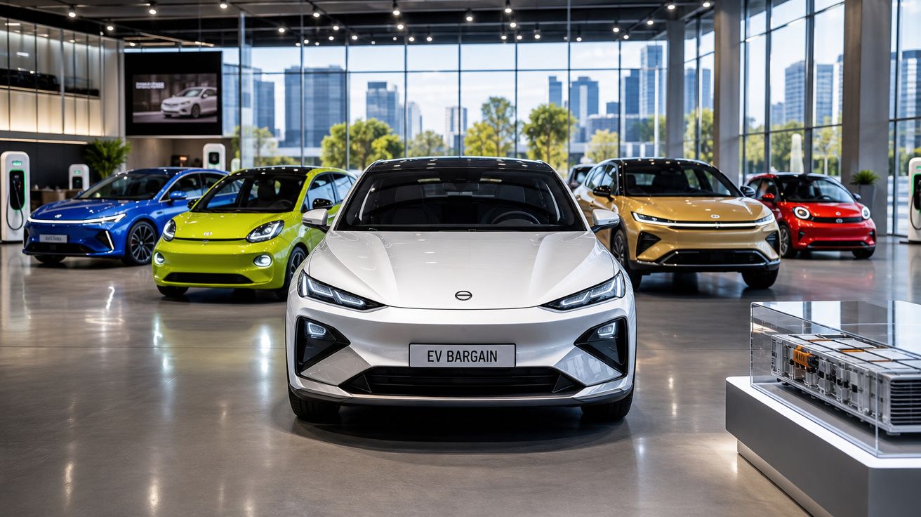 Conjunto de cinco carros elétricos coloridos expostos numa sala moderna com grandes janelas e vista citadina.