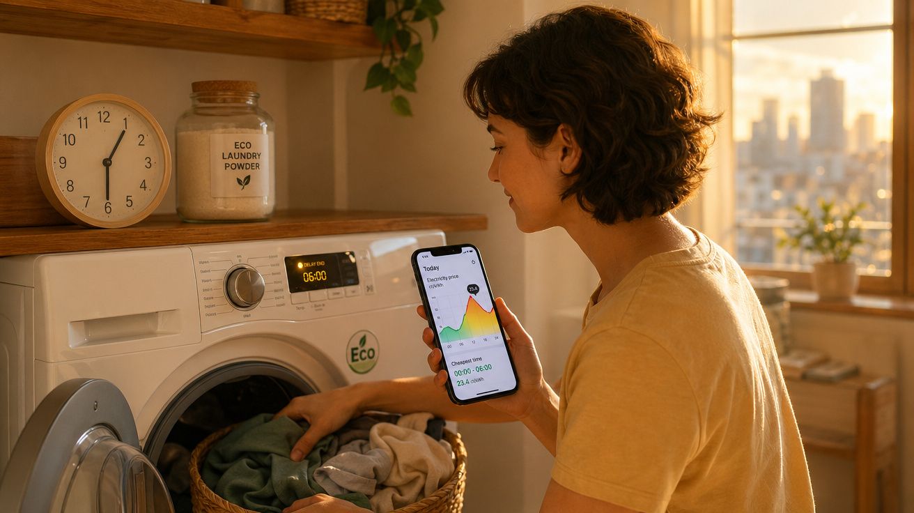 Pessoa verifica dados no telemóvel enquanto carrega roupa numa máquina de lavar em ambiente doméstico iluminado.