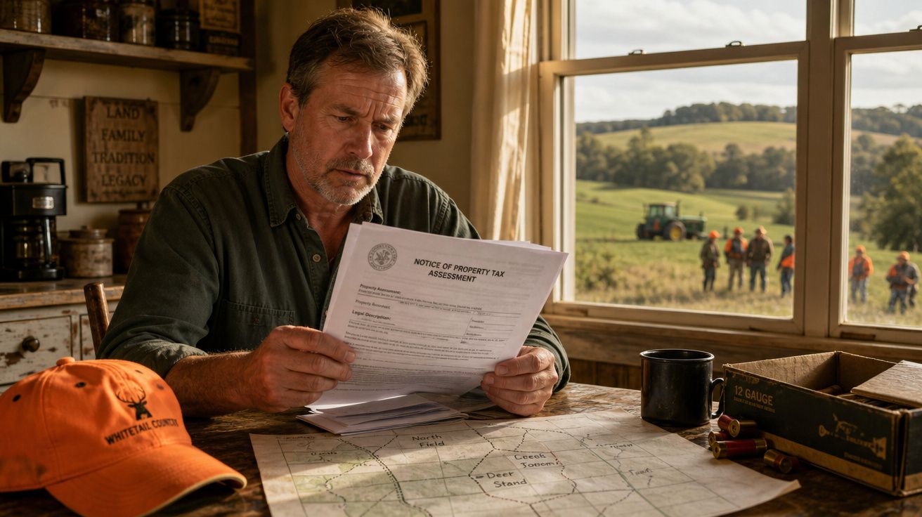 Homem sentado à mesa lê documento de imposto sobre propriedade, com mapa e chapéu de caça à frente.