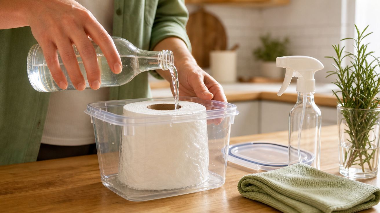 Pessoa a despejar água sobre um rolo de papel higiénico dentro de caixa plástica numa cozinha.