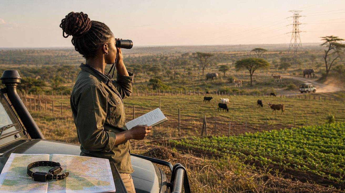 Mulher com binóculos observa animais numa planície africana ao pôr do sol, apoiada num jipe com mapa aberto.