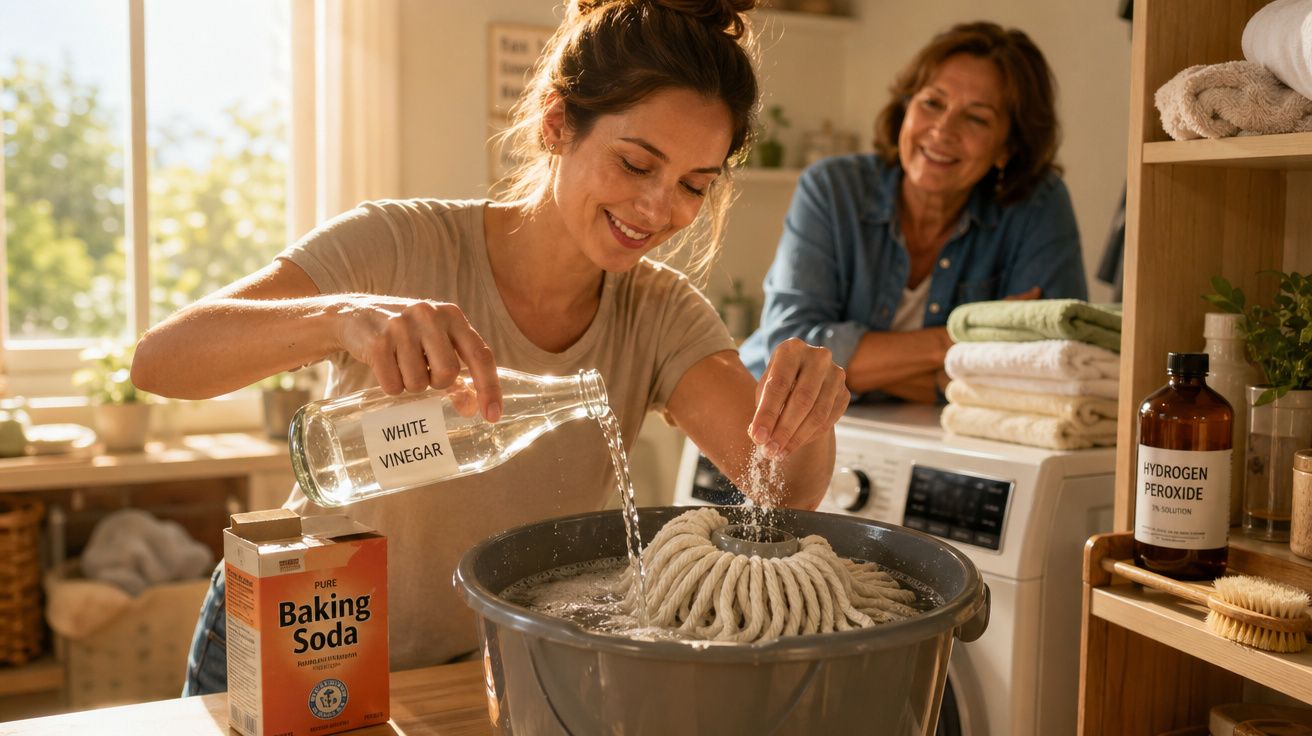 Mulher a limpar um esfregão com vinagre branco e bicarbonato na presença de outra pessoa sorridente.