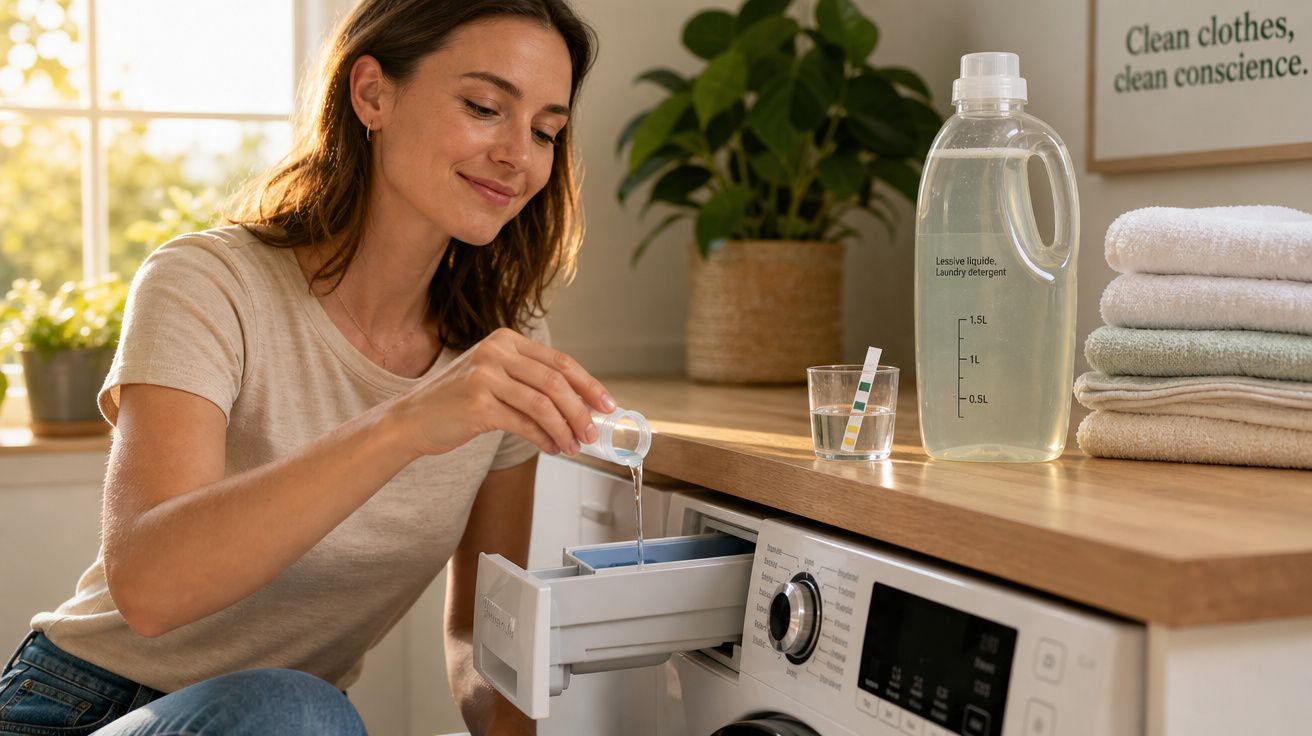 Mulher a colocar detergente líquido na máquina de lavar em ambiente doméstico iluminado.