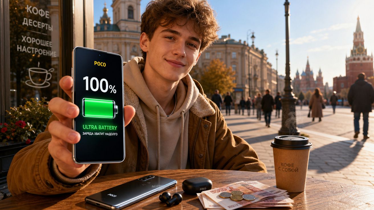 Jovem mostra telemóvel com bateria a 100% sentado numa esplanada na cidade com chávena de café e moedas na mesa.