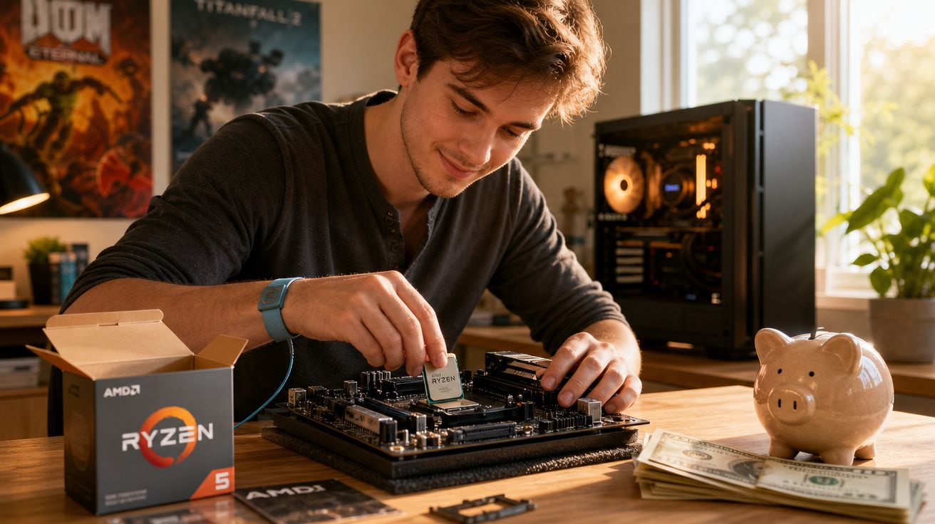 Jovem instala processador AMD Ryzen numa motherboard com computador e notas à sua volta.