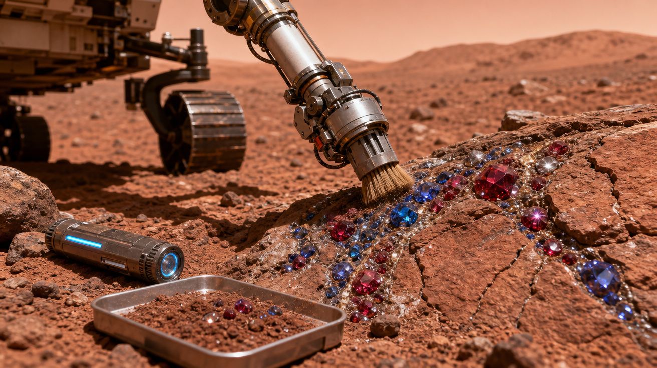 Rover espacial a limpar rocha com cristais vermelhos, azuis e brilhantes, em terreno árido e avermelhado.