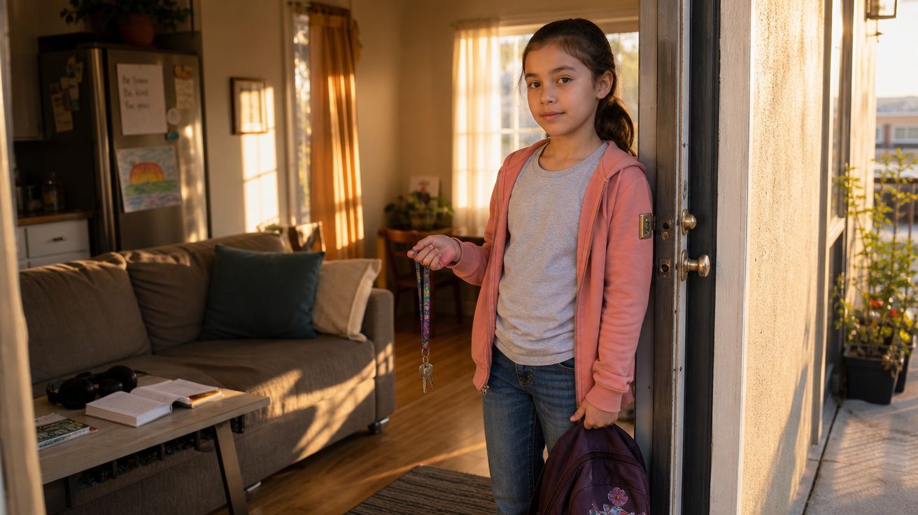 Menina com mochila e chaves na mão a preparar-se para sair de casa ao fim da tarde.