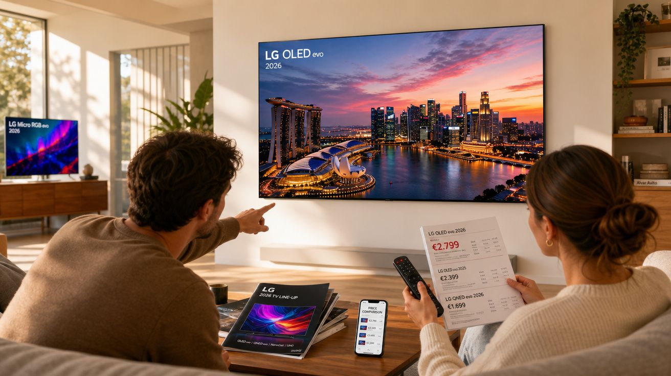 Casal sentado na sala a analisar preços e tecnologia de televisões LG OLED 2026.