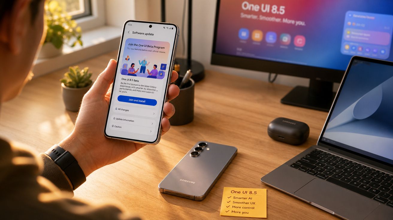 Pessoa segura smartphone Samsung a instalar atualização One UI 8.5, com computador e telefone na mesa de madeira.