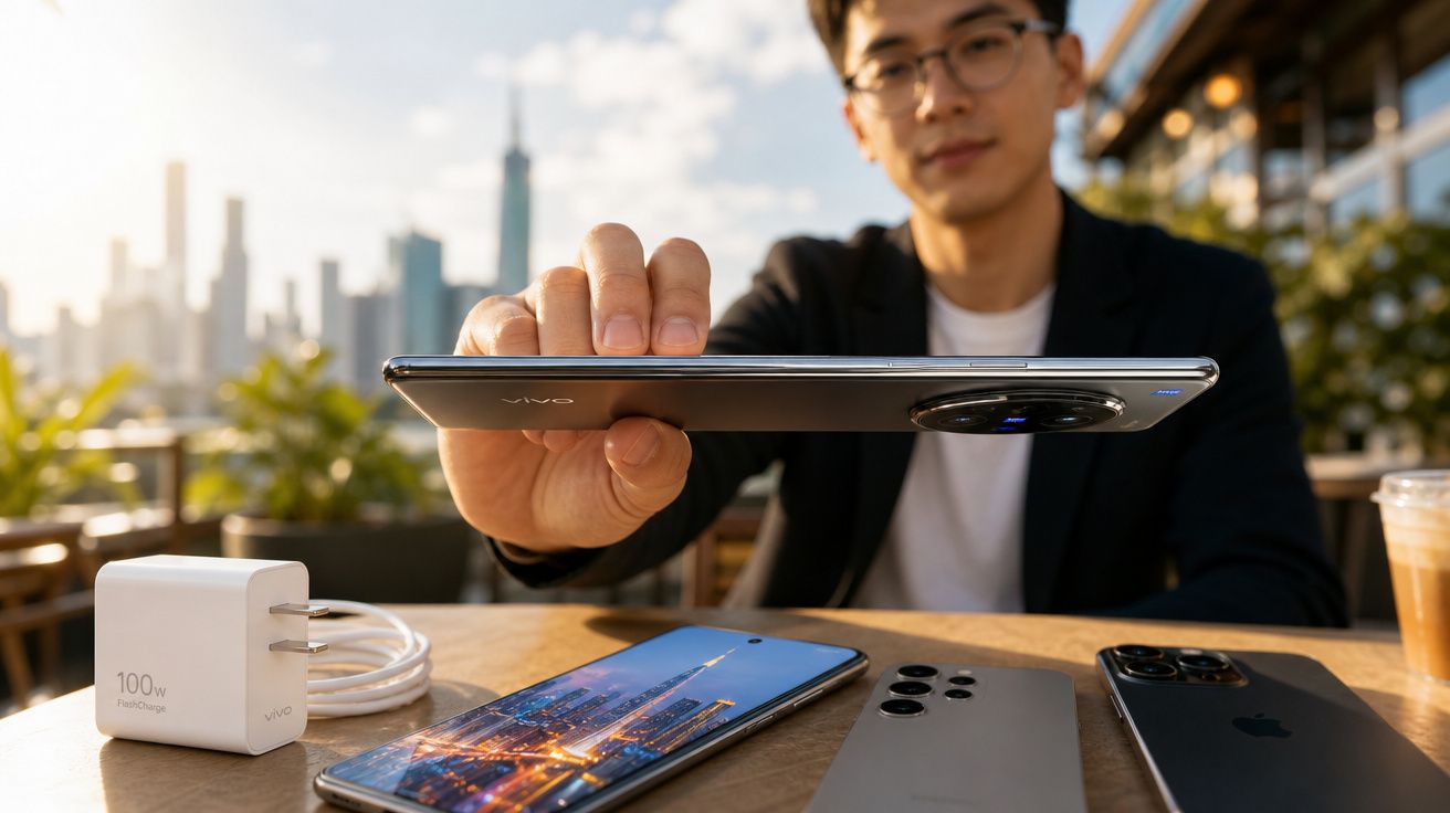 Pessoa a segurando smartphone Vivo junto a dois telemóveis e carregador numa mesa ao ar livre.