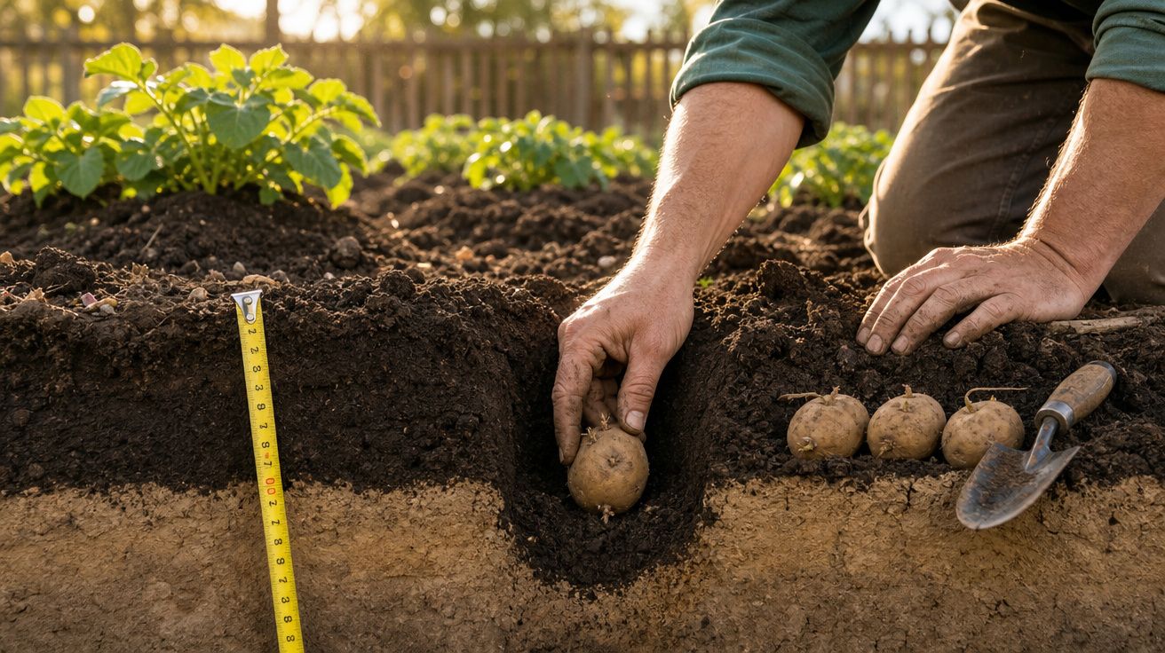 Pessoa a plantar batatas no solo com uma ferramenta de jardinagem ao lado, vista em corte transversal da terra.