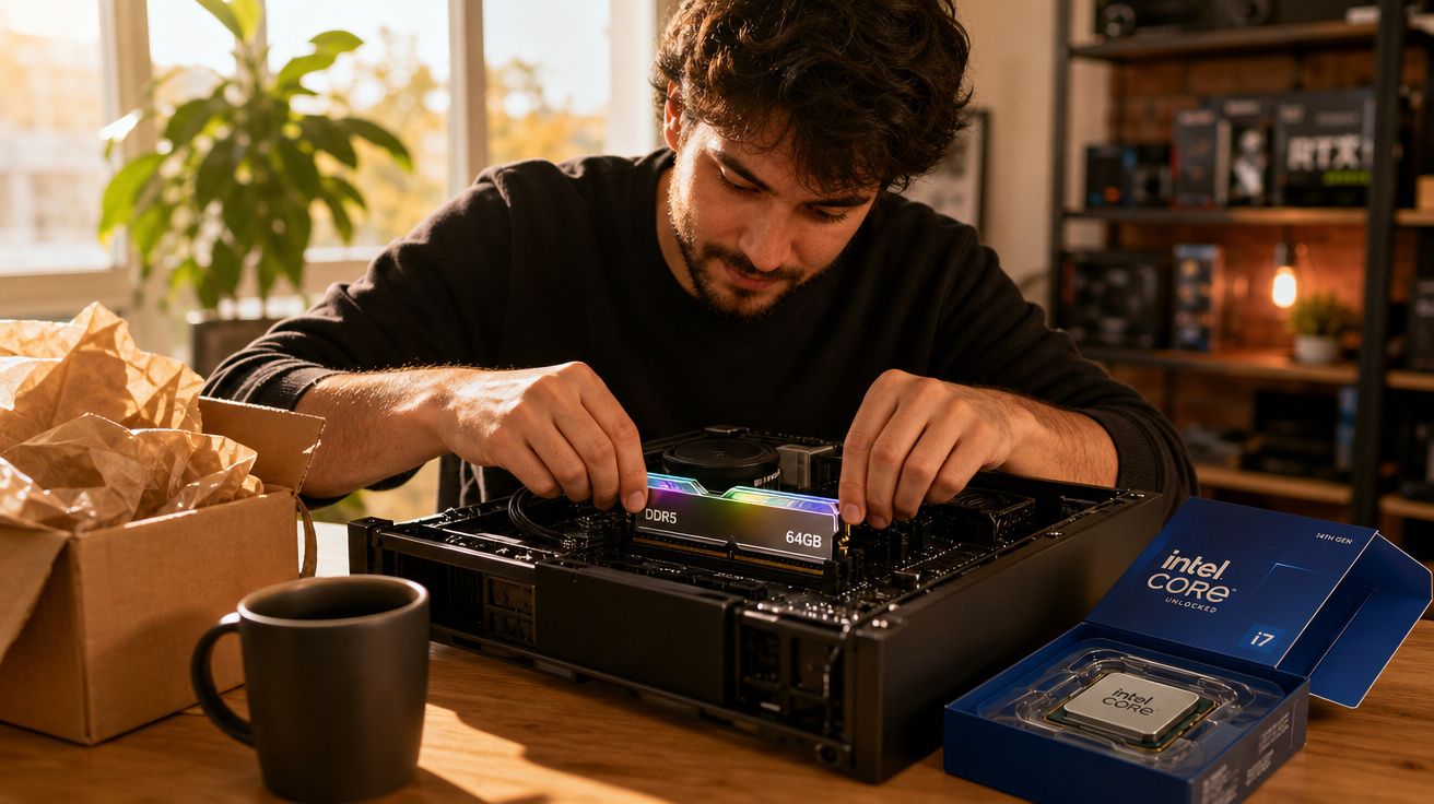 Homem a instalar módulo de memória RAM num computador aberto numa mesa com peças e caixa Intel Core.
