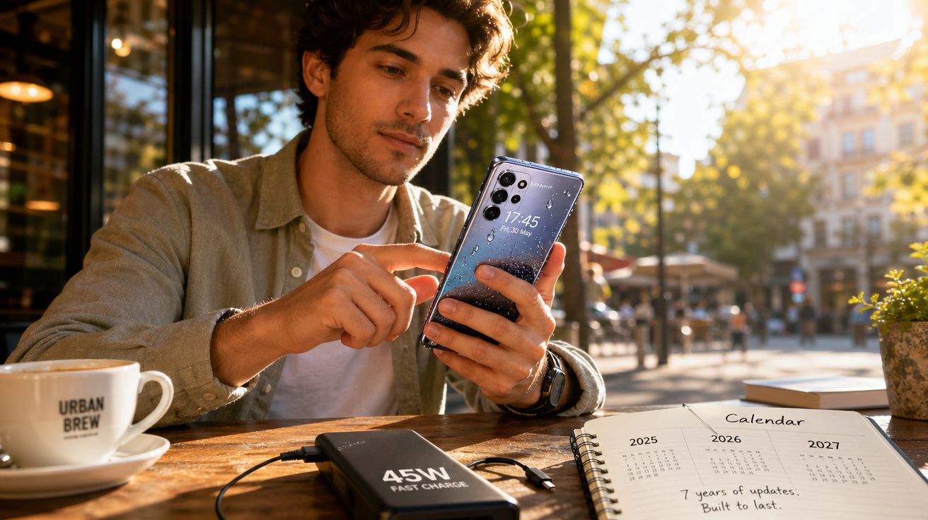 Homem usa smartphone molhado enquanto está sentado numa esplanada com carregador portátil e calendário na mesa.
