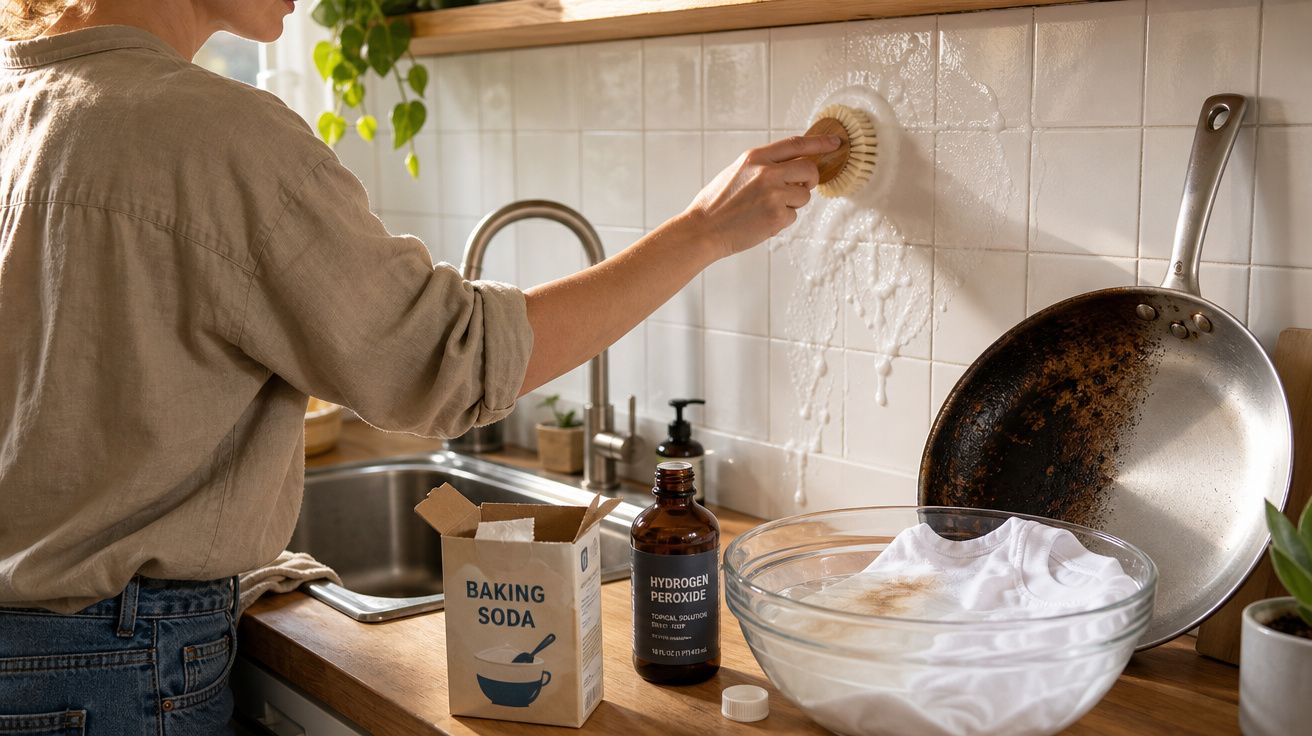 Pessoa a limpar azulejos da cozinha com bicarbonato de sódio e peróxido de hidrogénio, tábua de cozinha e roupa suja.