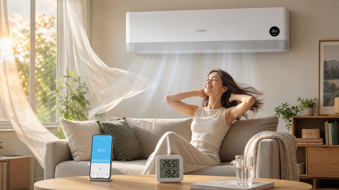 Mulher relaxa num sofá com ar condicionado ligado a 26,5°C, mostrando temperatura e controlo por smartphone.
