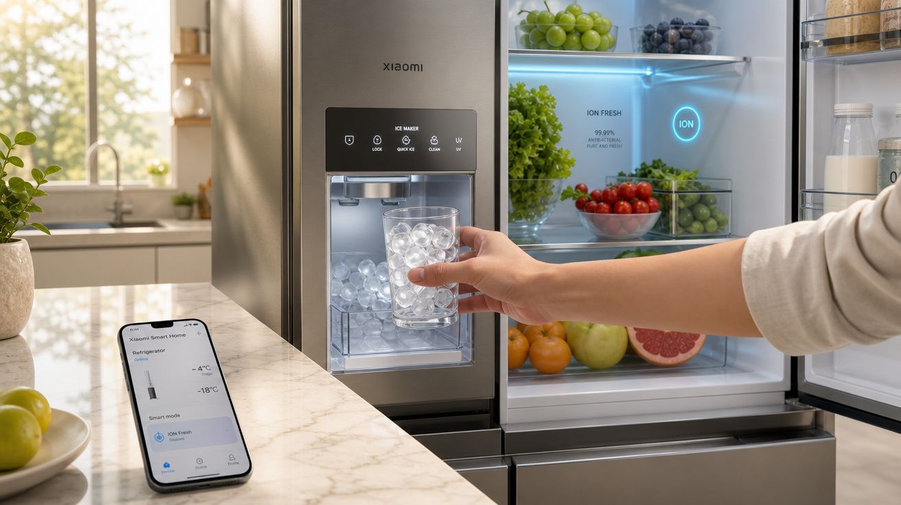Frigorífico Xiaomi aberto com pessoa a encher copo de cubos de gelo e smartphone na bancada a controlar temperatura.