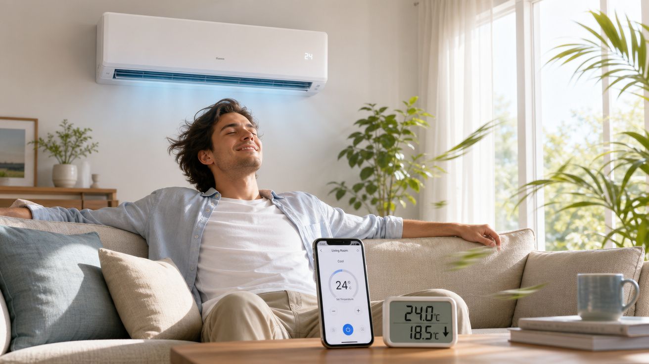 Homem relaxa no sofá com ar condicionado ligado a 24°C e controlo por smartphone numa sala luminosa.