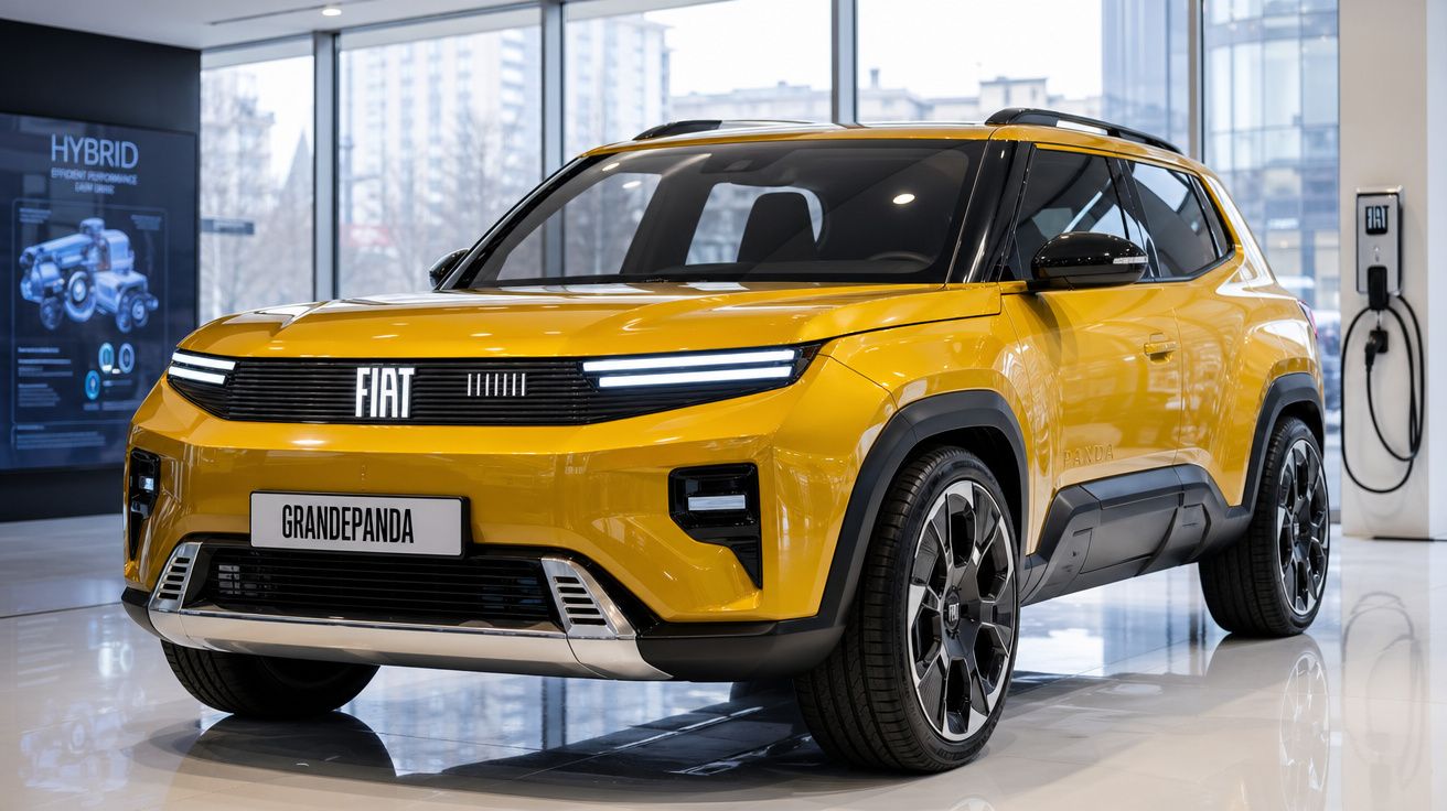 Fiat Grande Panda amarelo brilhante exibido numa sala de exposições moderna com janelas amplas.