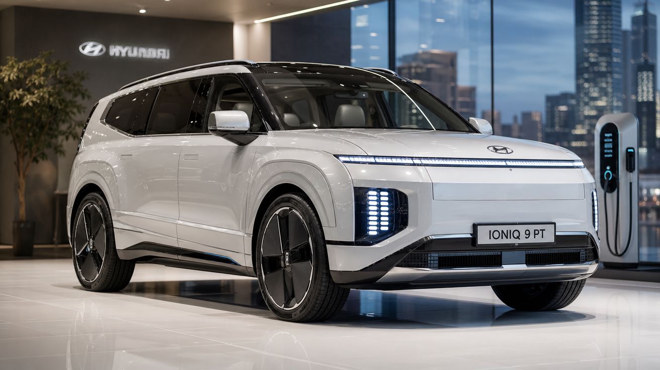 Veículo elétrico Hyundai Ioniq 9 branco em exposição moderna, junto a posto de carregamento.