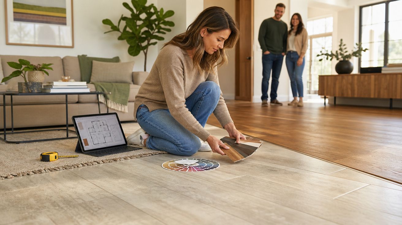 Mulher escolhe amostras de madeira para chão com casal ao fundo numa sala moderna e iluminada.