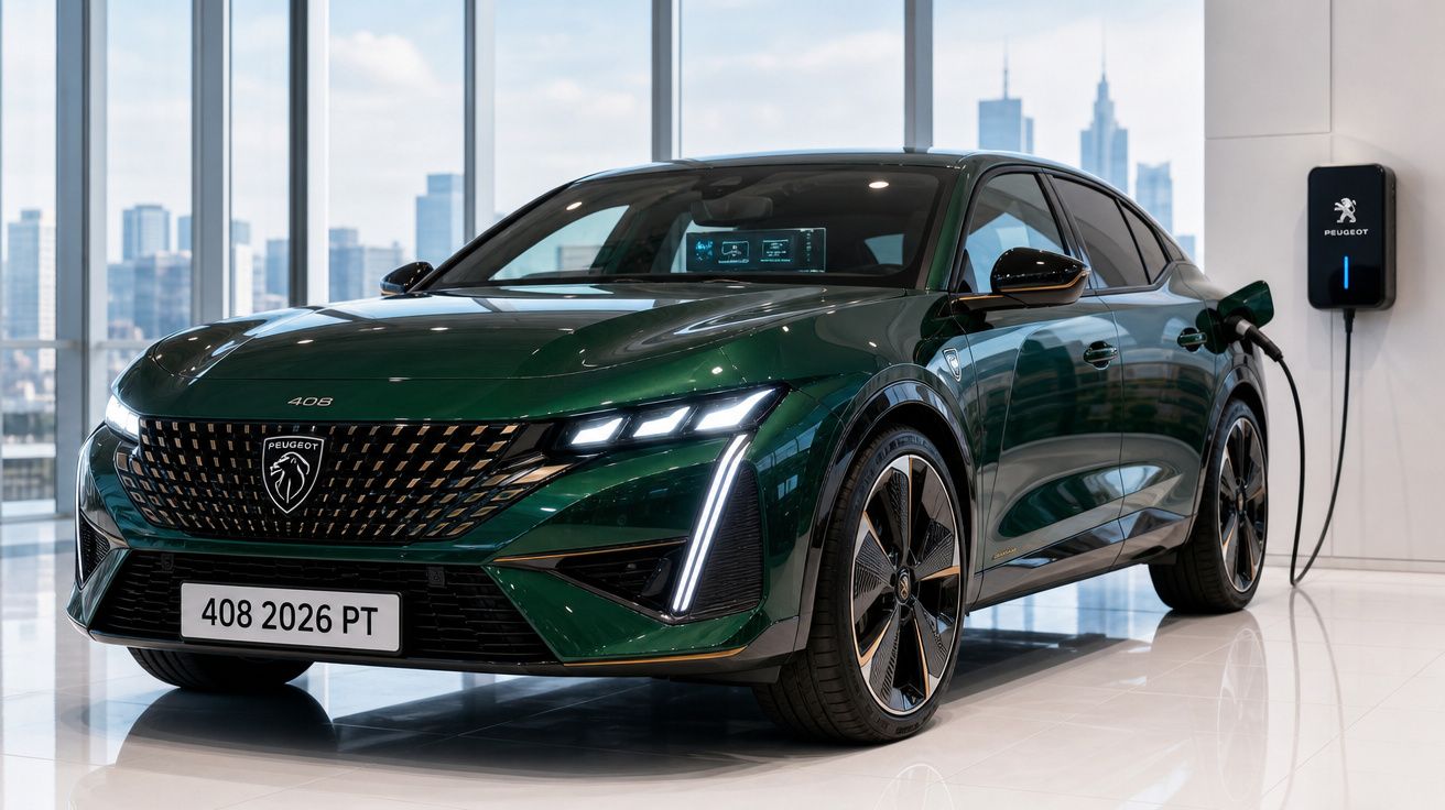 Peugeot 408 verde elétrico em carregamento numa sala luminosa com vista urbana ao fundo.