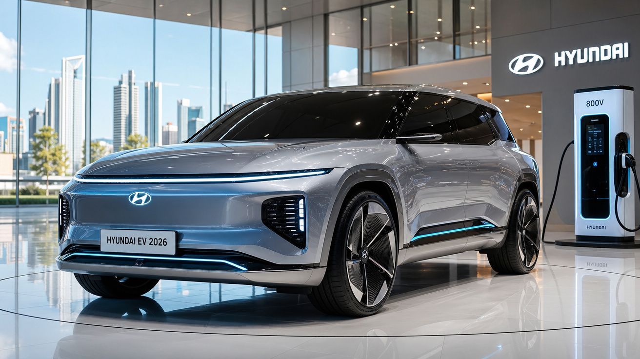 Carro elétrico Hyundai EV 2026 prateado em exposição numa sala moderna com carregador elétrico ao lado.