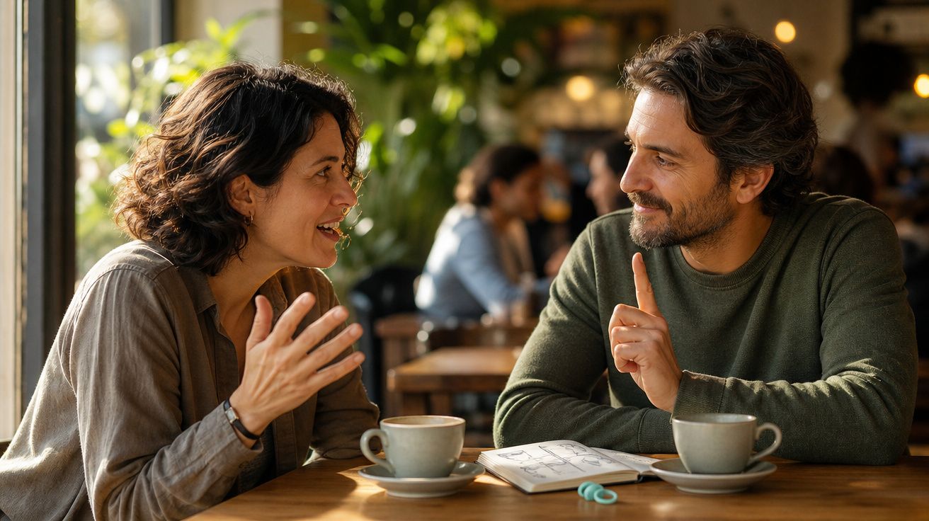 Casal sorridente conversa animadamente numa mesa de café com duas chávenas e um caderno.