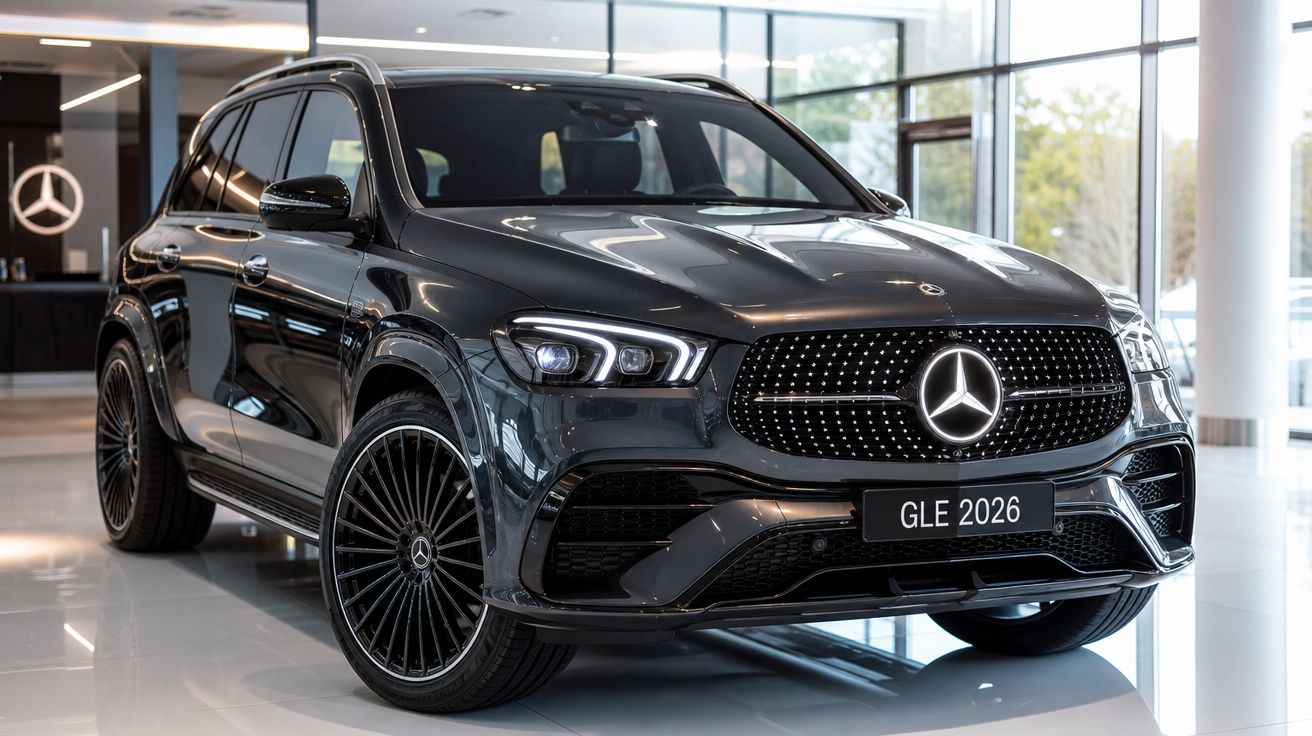 Carro SUV Mercedes-Benz GLE 2026 preto, apresentado em showroom moderno com iluminação natural.