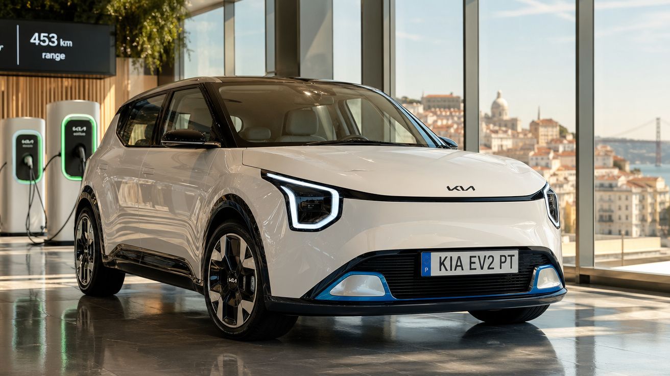 Automóvel elétrico branco Kia EV2 estacionado junto a postos de carregamento, com vista urbana ao fundo.