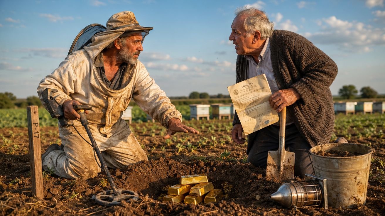 Dois homens discutem junto a um buraco no campo com barras de ouro expostas no solo.
