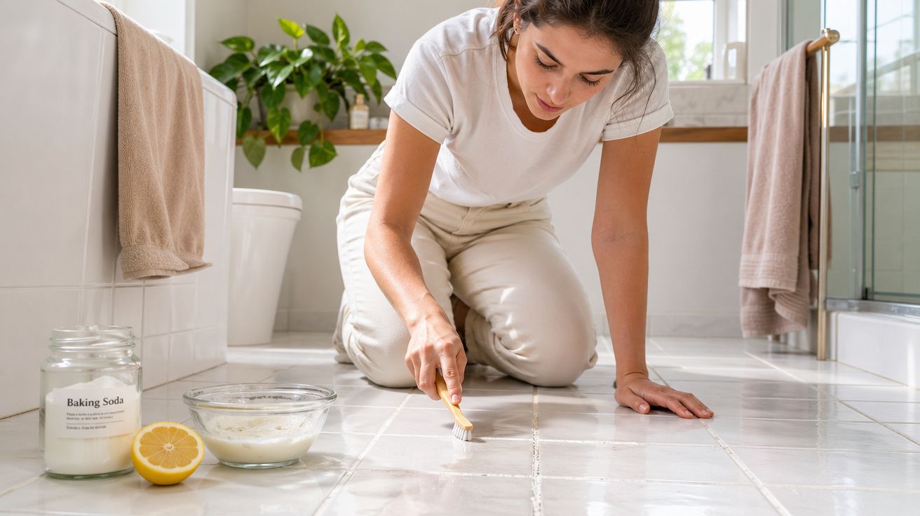 Mulher a limpar juntas do chão de casa de banho com escova, bicarbonato, limão e pasta de limpeza caseira.