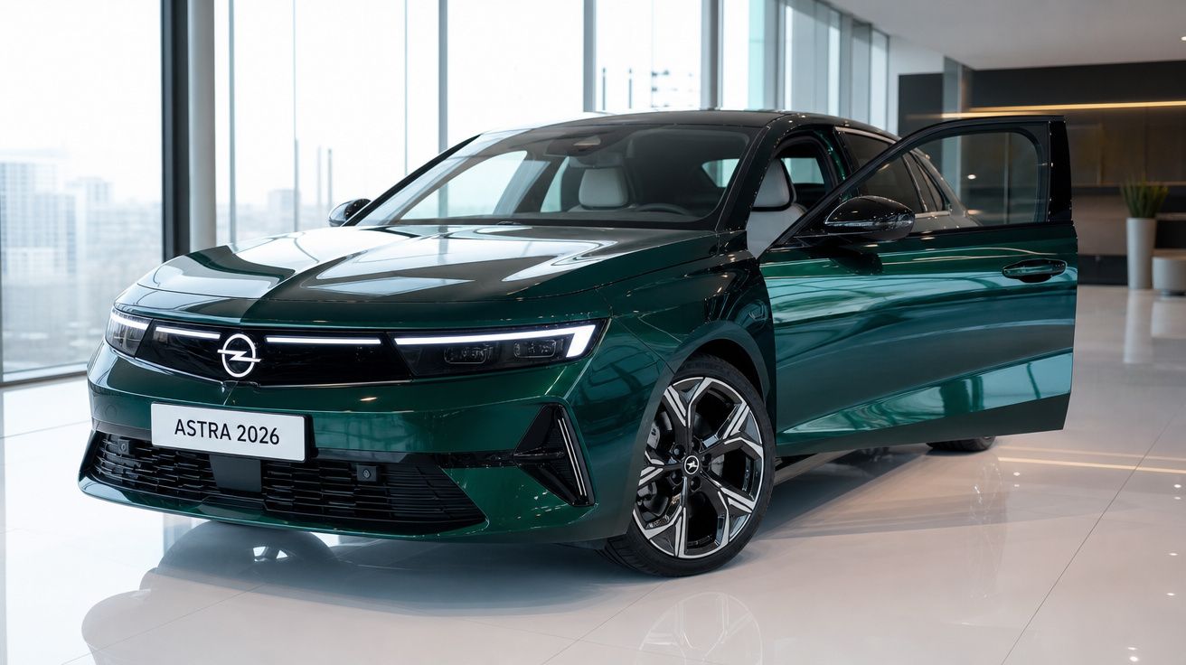 Carro Opel Astra 2026 verde escuro com porta aberta, exposto numa sala moderna e luminosa.