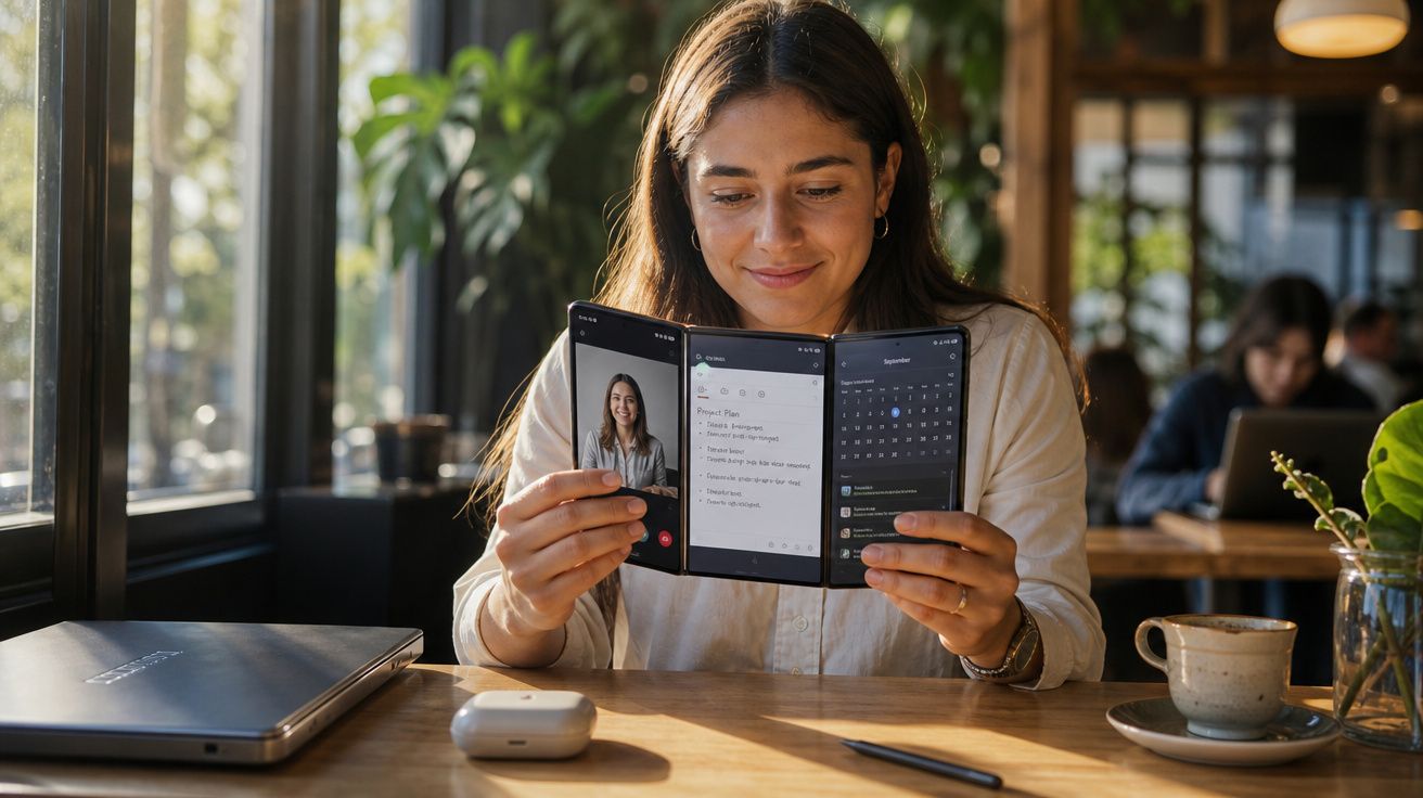 Mulher sentada numa mesa de café a usar um telemóvel dobrável com ecrã triplo para videoconferência.