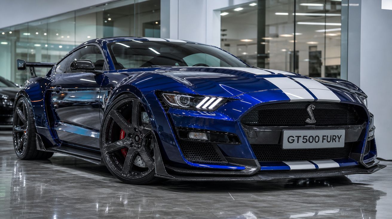 Ford Mustang GT500 Fury azul com faixas brancas estacionado num showroom moderno e brilhante.